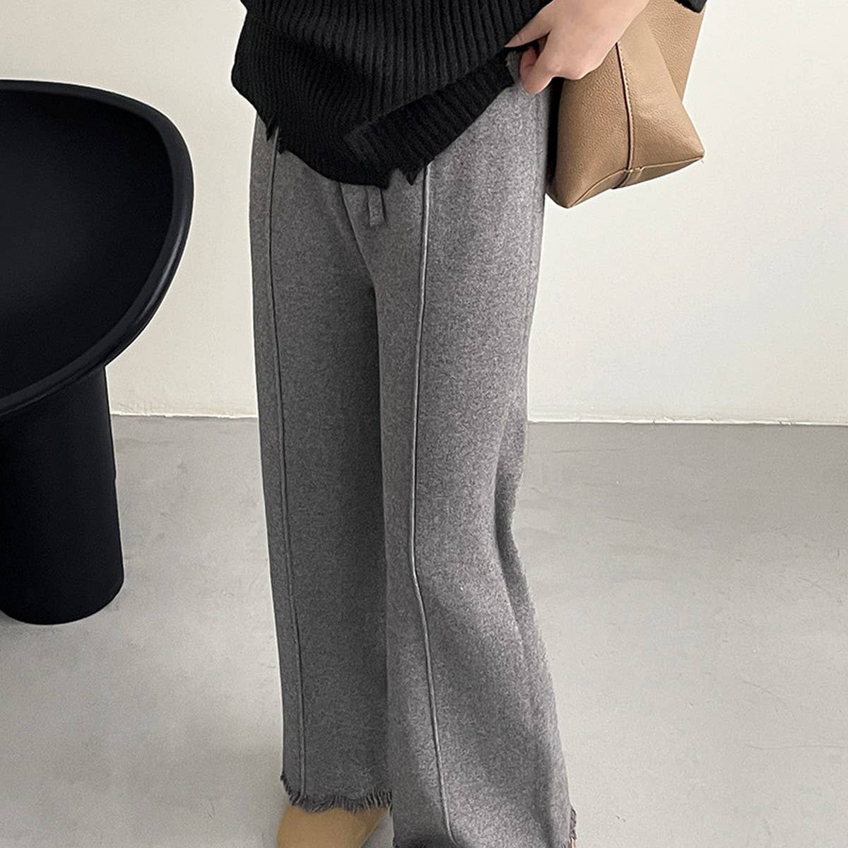 Straight Knit Pants With Rough Edge Design