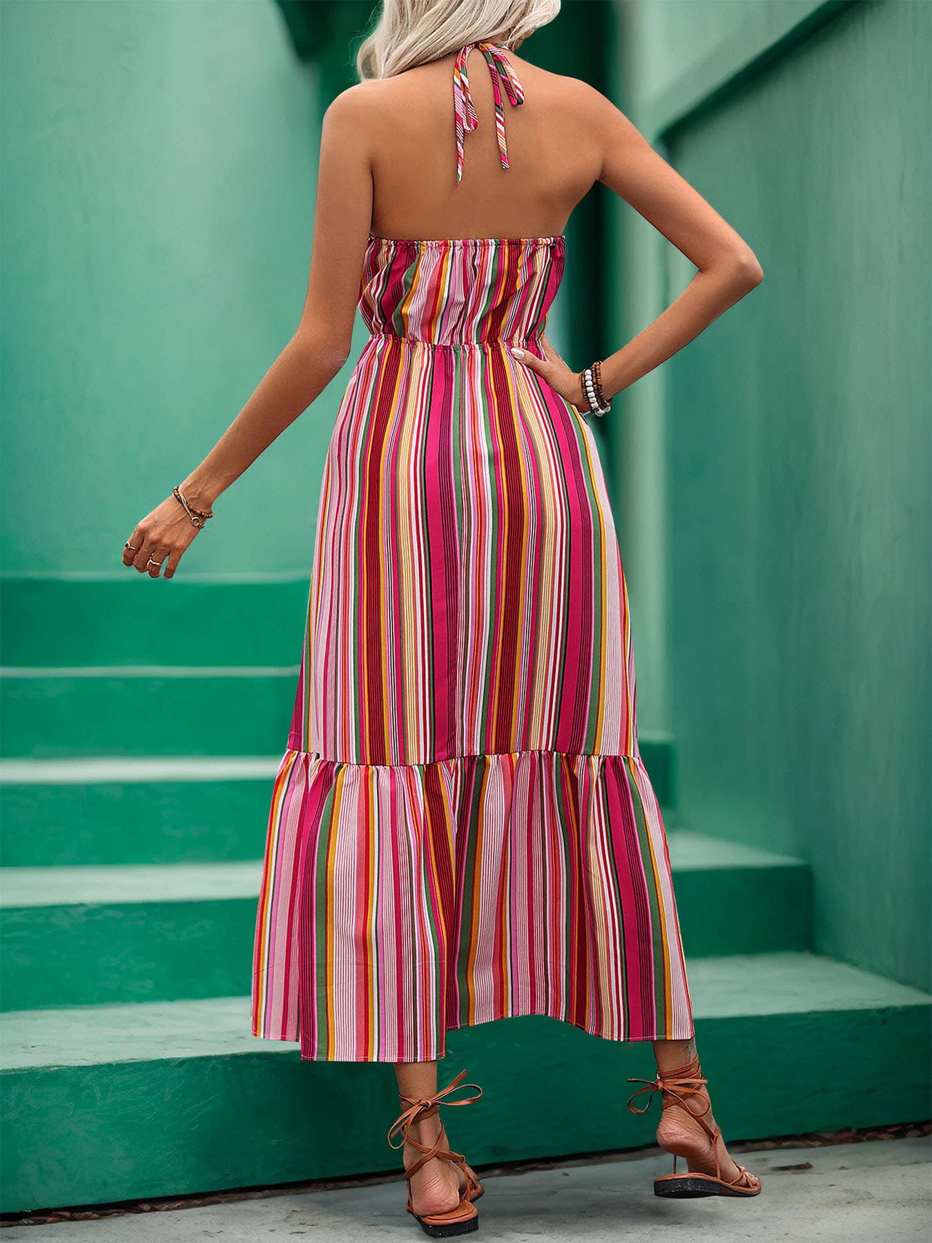 Striped Print Dress With Sleeveless Lace Halter