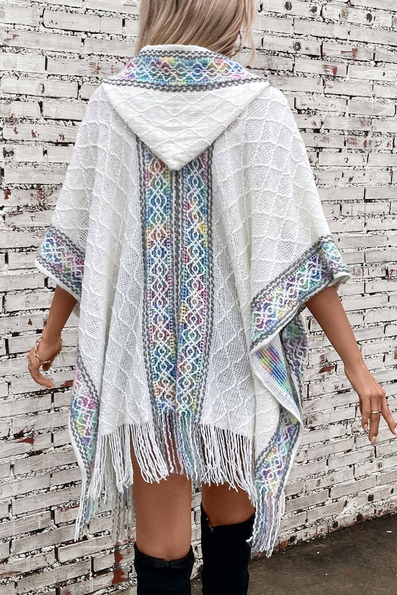 Cwocas0048_Ethnic Knitted Hooded Tassel Cape Shawl