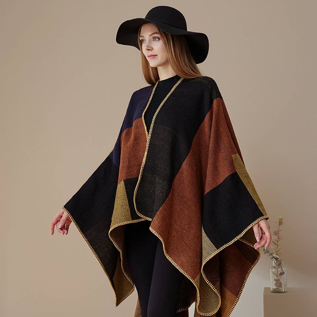 DOUBLE SIDED PLAID FAUX CASHMERE SHAWL CAPE_CWASC2135