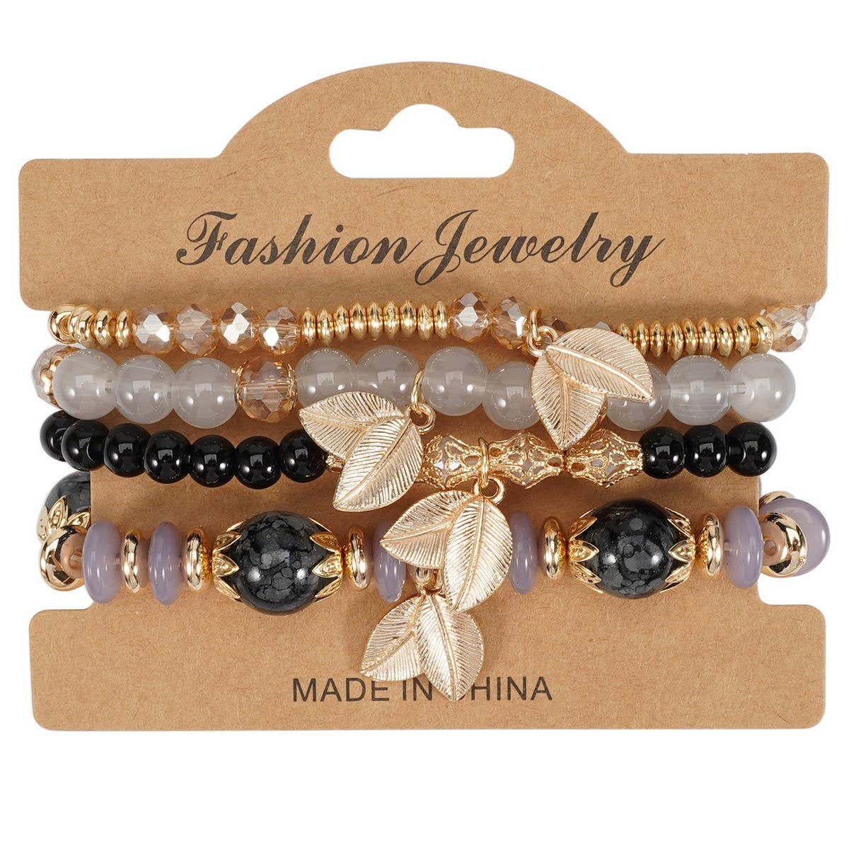 Cwmm10456_Boho Leaf Charm Multi Layer Beaded Bracelet
