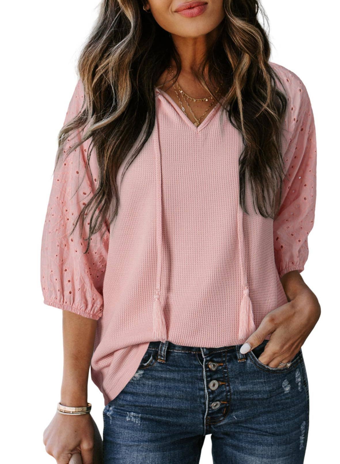 Womens Jacquard Waffle V-Neck Puff Sleeve Top