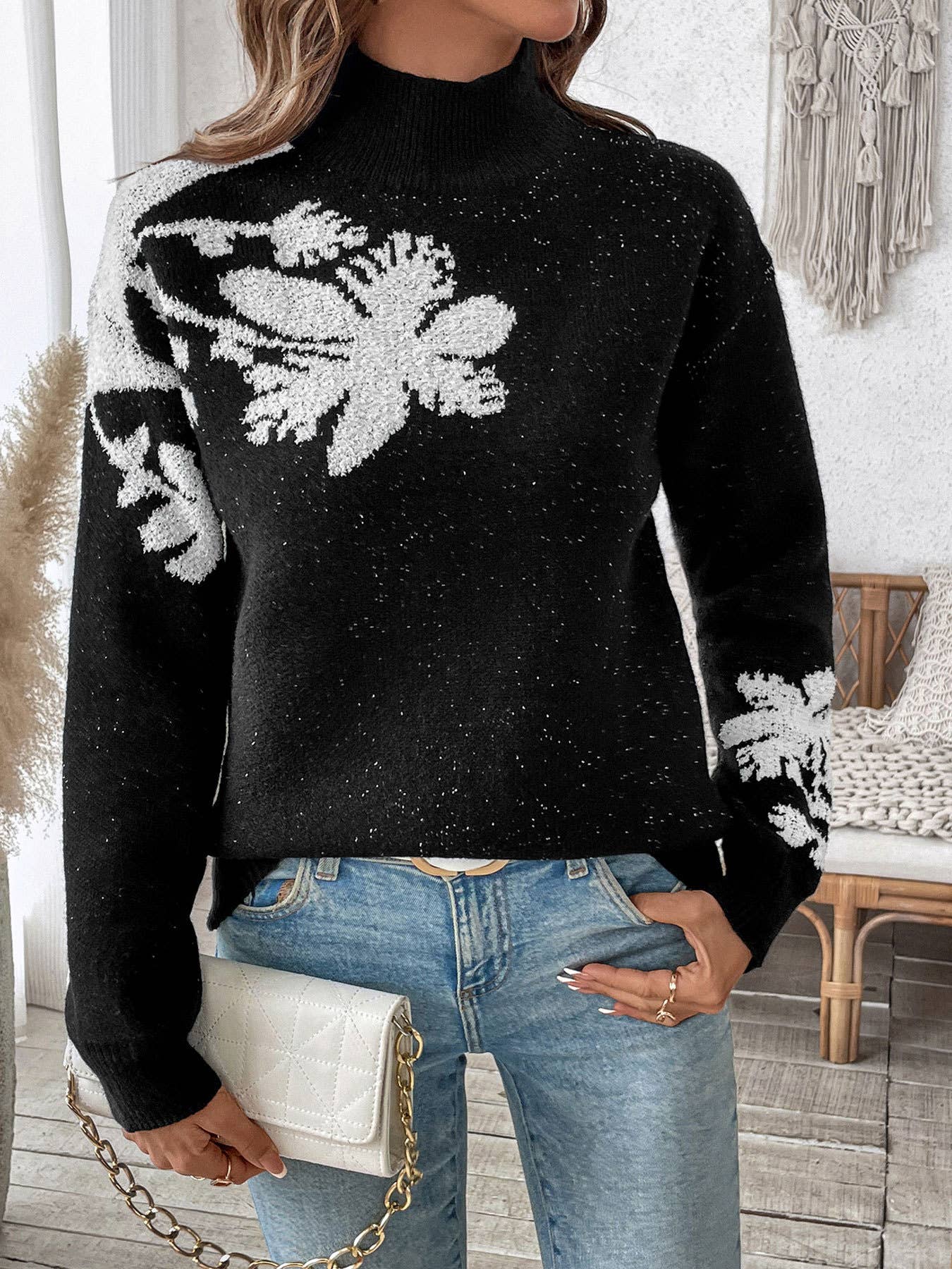 Womens Half Turtleneck Color Jacquard Sweater
