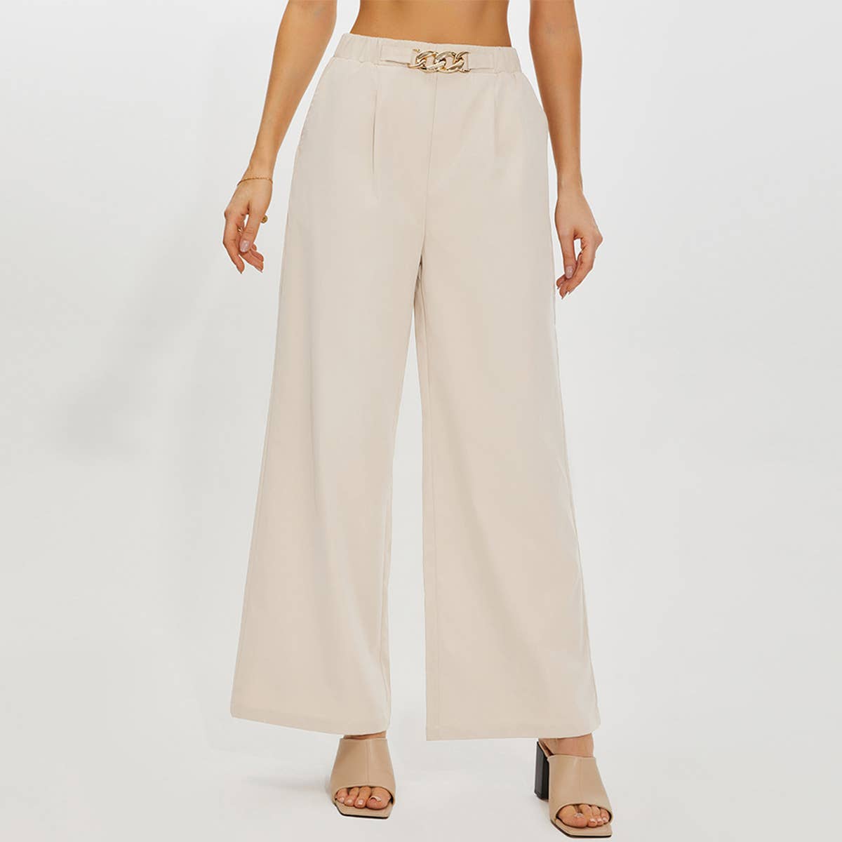 Wide Leg Pants With Half Elastic Waist