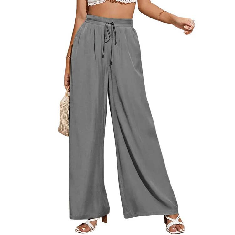 Solid-Color Loose Tight Waistband Wide-Leg Pants