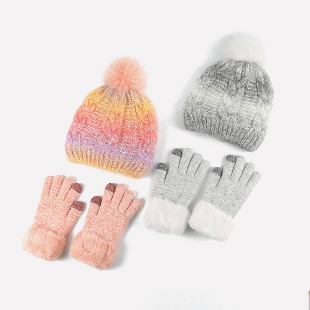 CHILDRENS FUR BALL HAT AND GLOVES TWO PIECE SET_CWMM2813