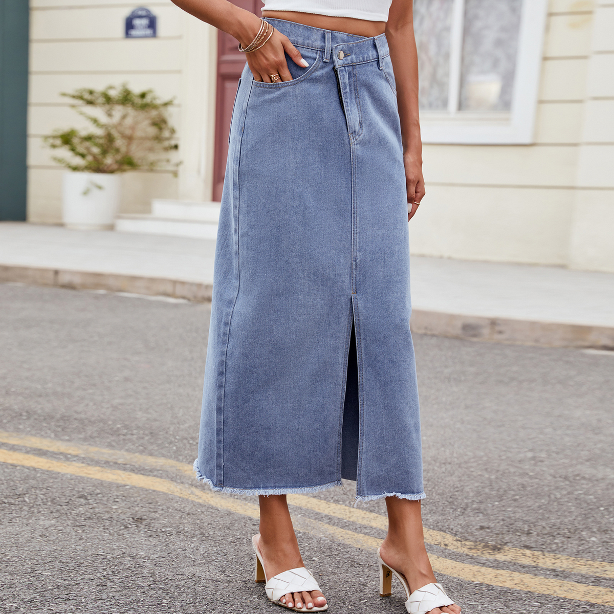 Wome Washed Denim Maxi Skirt Asymmetrical_Cwjsk0205