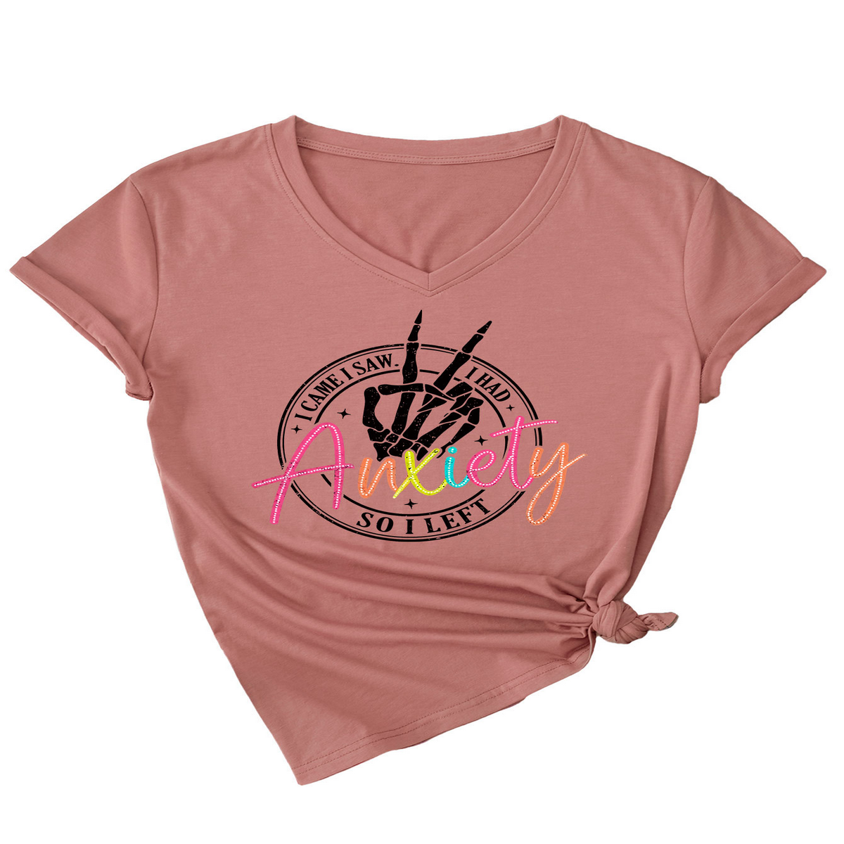 Trendy V-Neck Tee I Came Saw Print