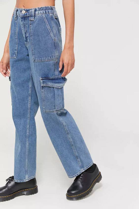 Womens Cargo Multi-Bag Straight-Leg Denim Pants