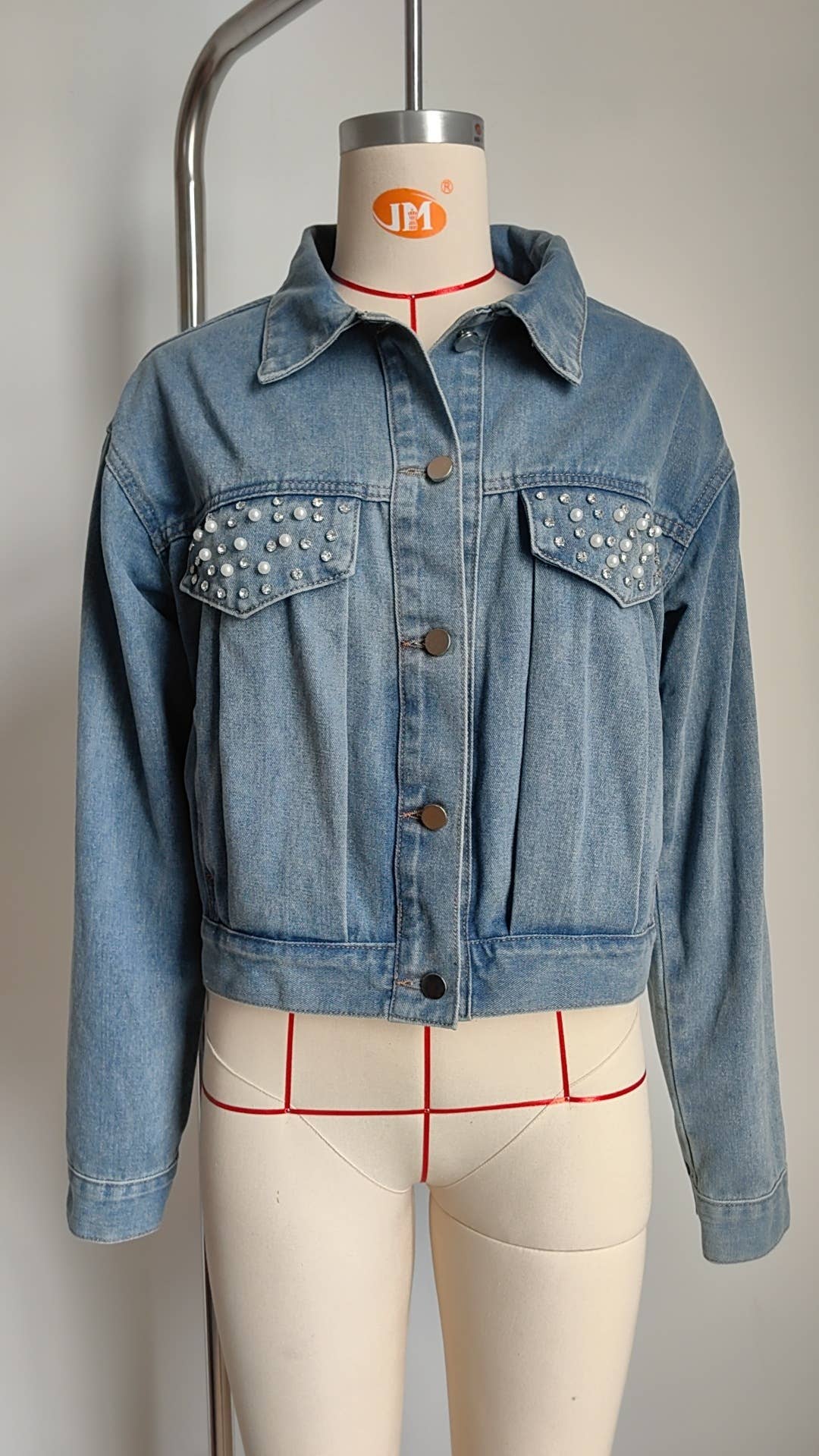 Washed Vintage Diamond-Encrusted Denim Jacket