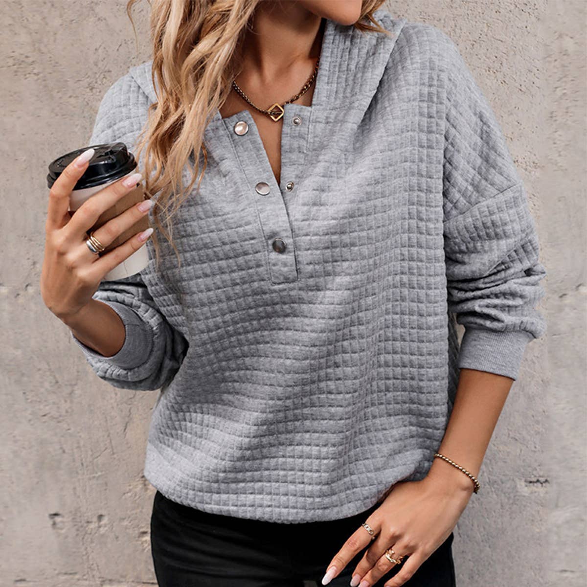 Waffle Long-Sleeved Loose Casual Pullover Hoodie