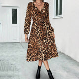 V-Neck Long Sleeve Leopard Print Long Dress