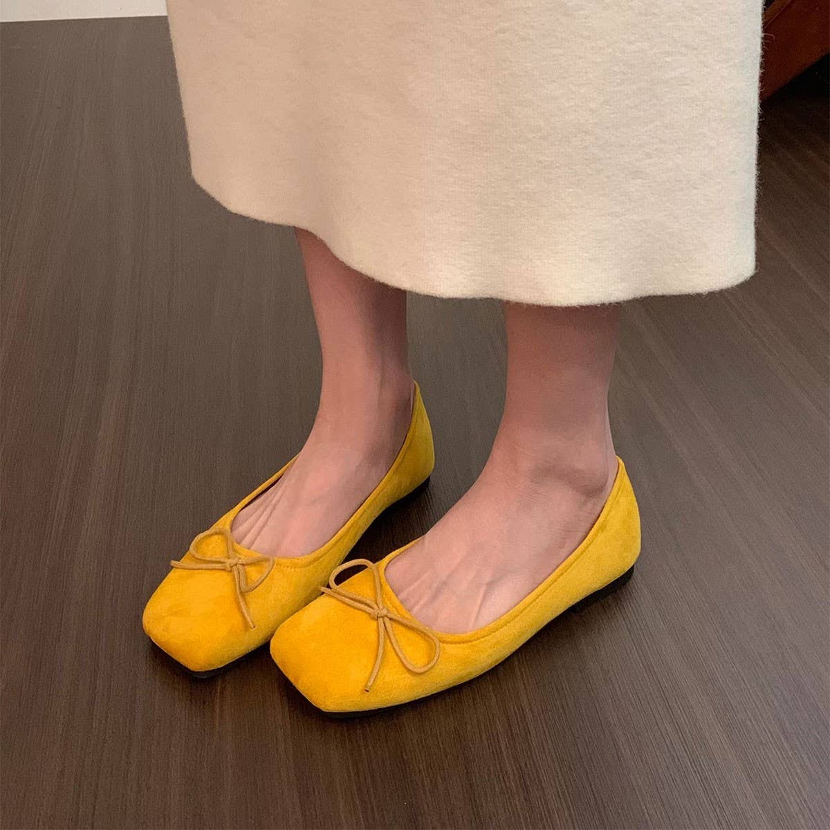 BOW BALLET FLATS SOFT RED SQUARE TOE SHOES_CWSHF0119