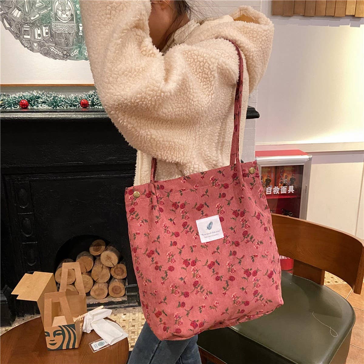 Cwab3899_Corduroy Snap-Button Large-Capacity Shoulder Bag
