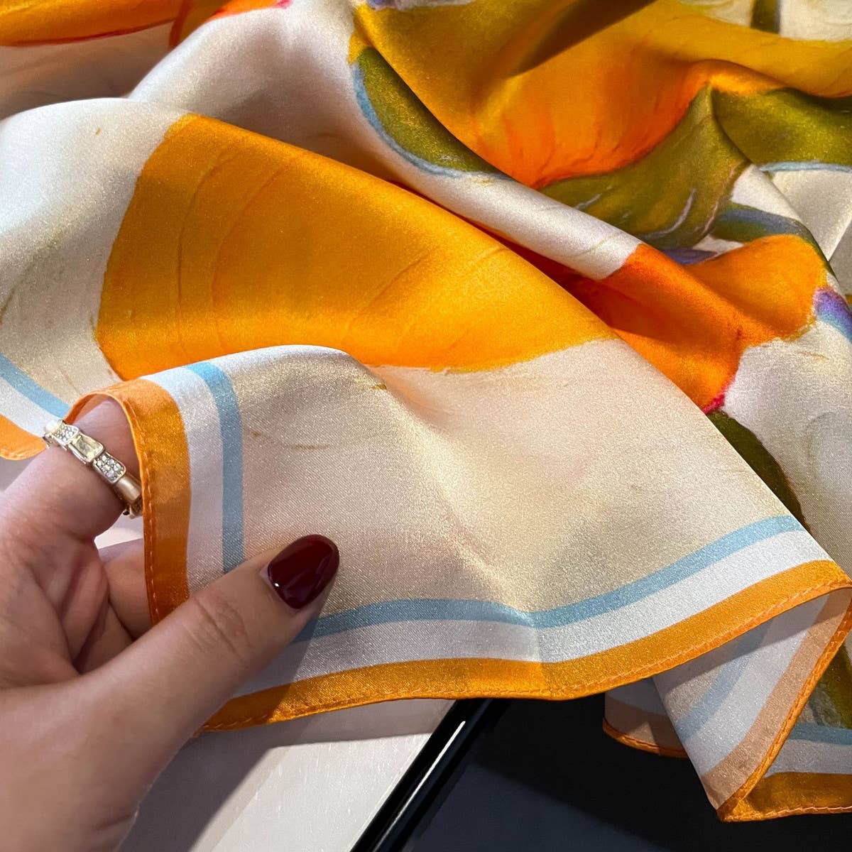 SILK RIBBON SCARF ORANGE FLORAL LONG NECK WRAP_CWASC0550