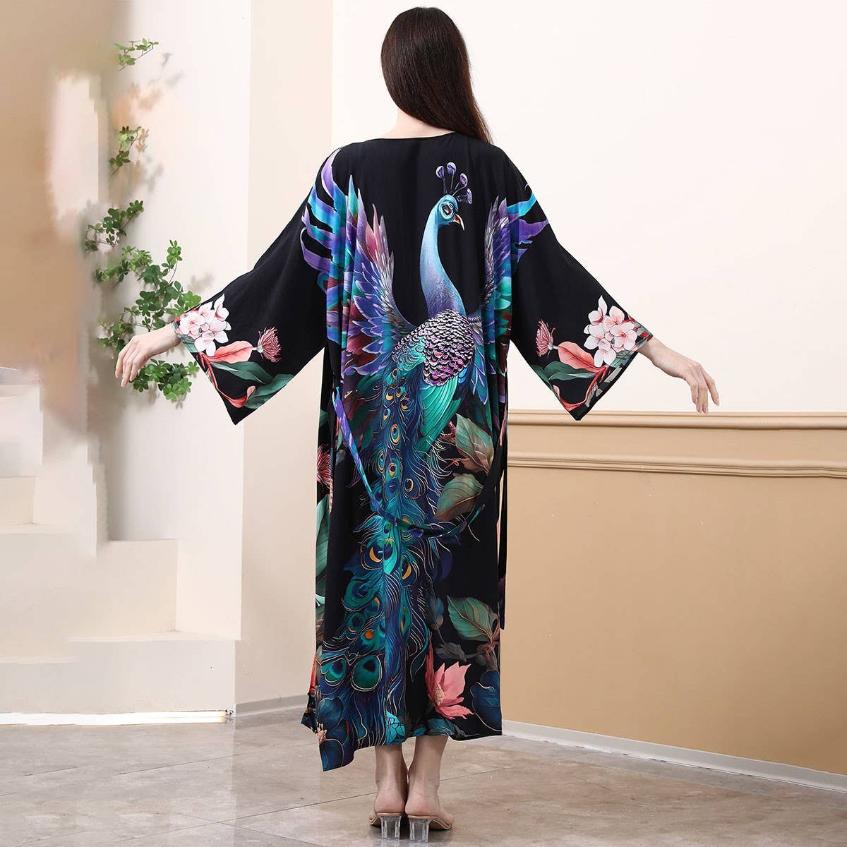 PEACOCK PRINT RAYON BEACH COVER UP CARDIGAN_CWMM6312