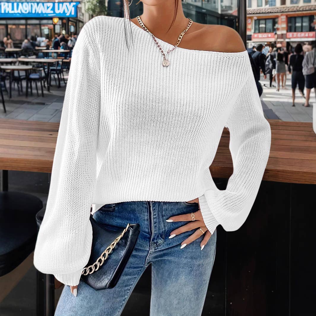Solid-Color Loose Pullover One-Shoulder Sweater
