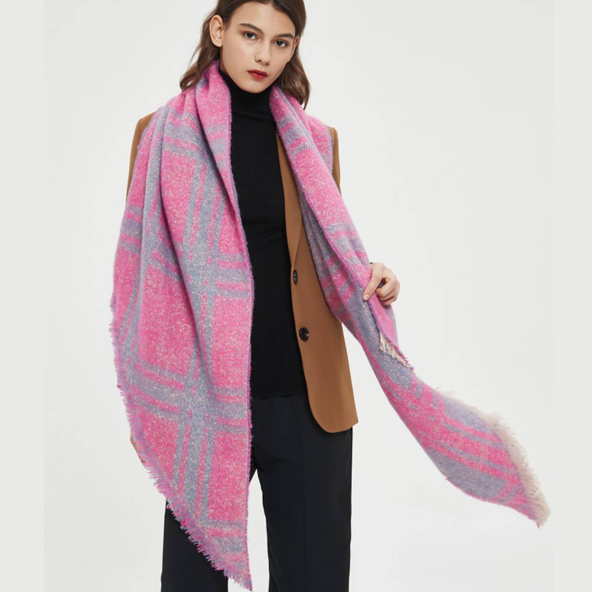 JACQUARD GRID ANGLED SCARF WINTER LOOP YARN WRAP_CWASC0159