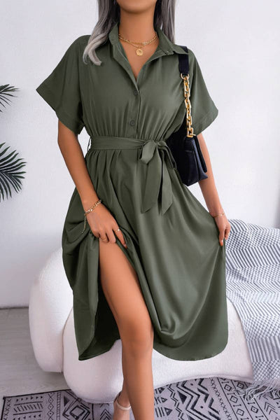 CWDMD2660_SUMMER CASUAL LOOSE LACE-UP SHIRT DRESS LONG