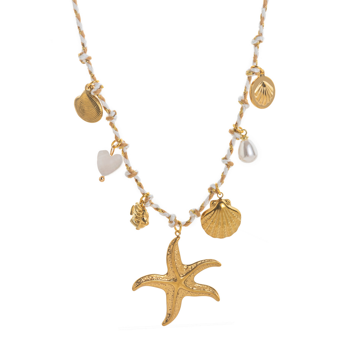 Summer Starfish Pearl Heart Beaded Necklace_Cwaje05574