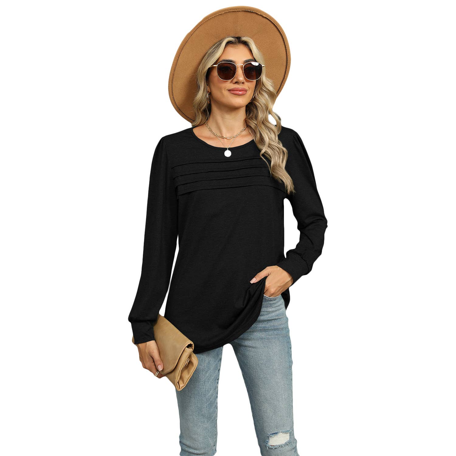 Solid Color U-Neck Pleated Long Sleeve Top
