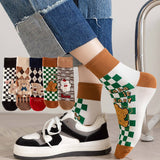 CARTOON BEAR CHECKERBOARD MIDDLE TUBE SOCKS_CWMS1389