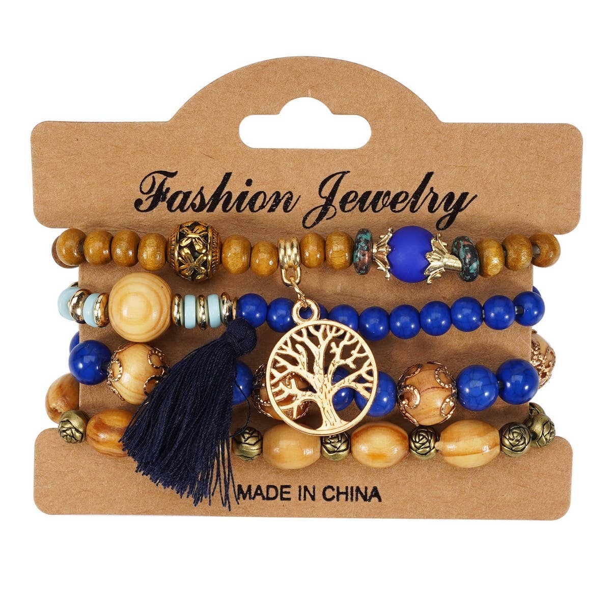 Cwmm10462_Wood Bead Rose Alloy Handmade Bracelet Set
