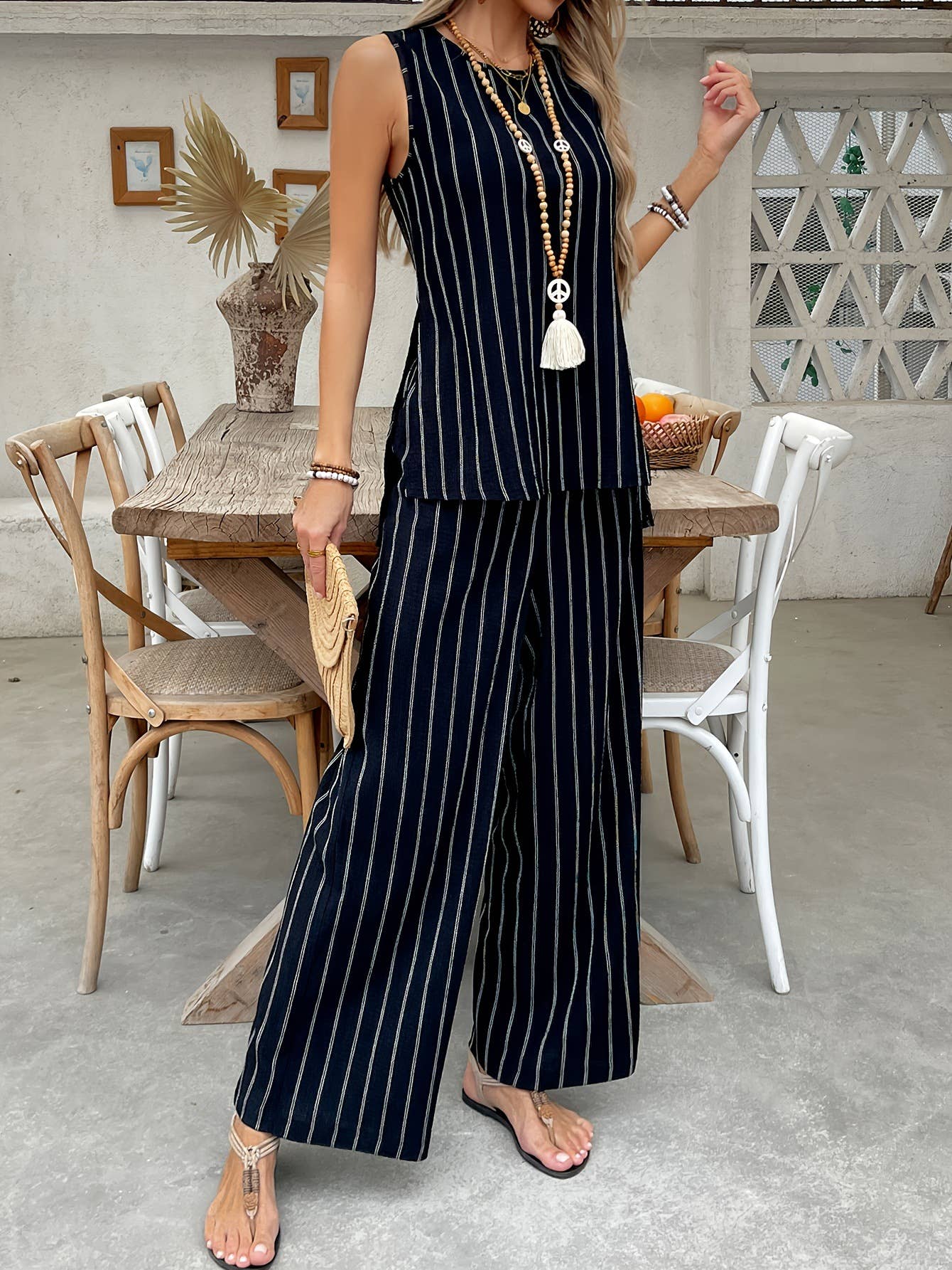 Striped Tank Top Wide Leg Pants Loose Suit