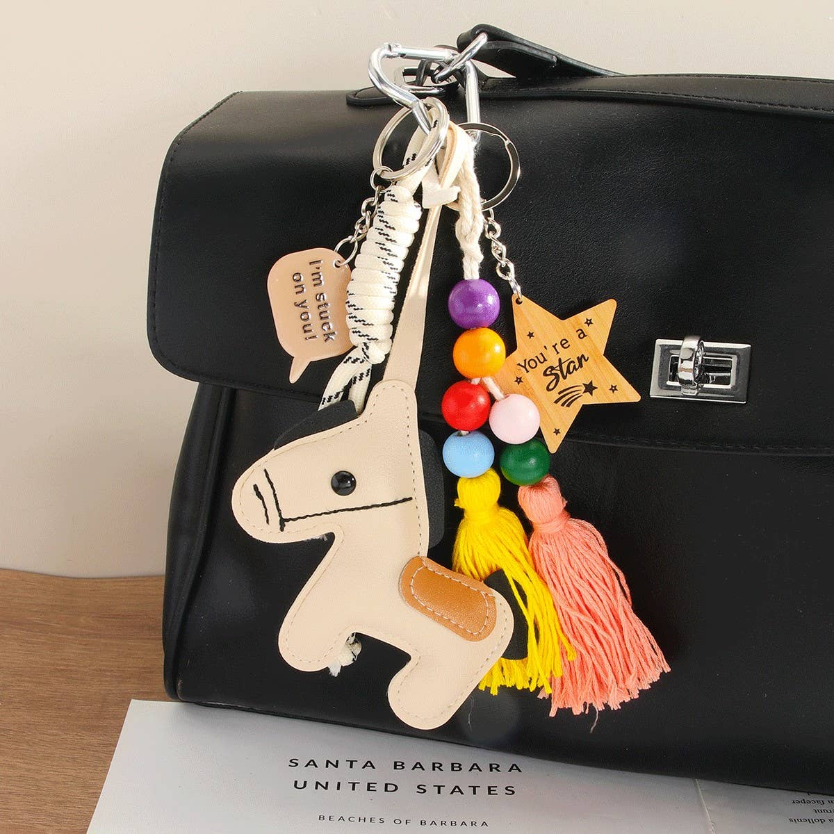 CREAM PU PONY TASSEL STAR BAG CHARM KEYCHAIN_CWMM7748