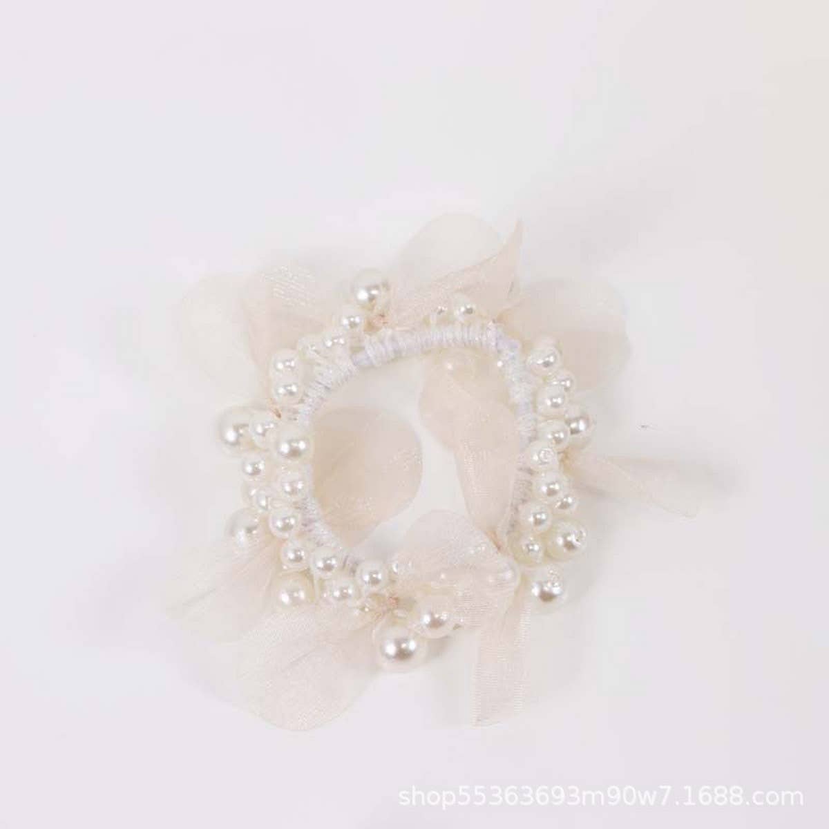 ELEGANT LACE PEARL HAIR TIE BUN PONYTAIL BAND_CWAHA6875