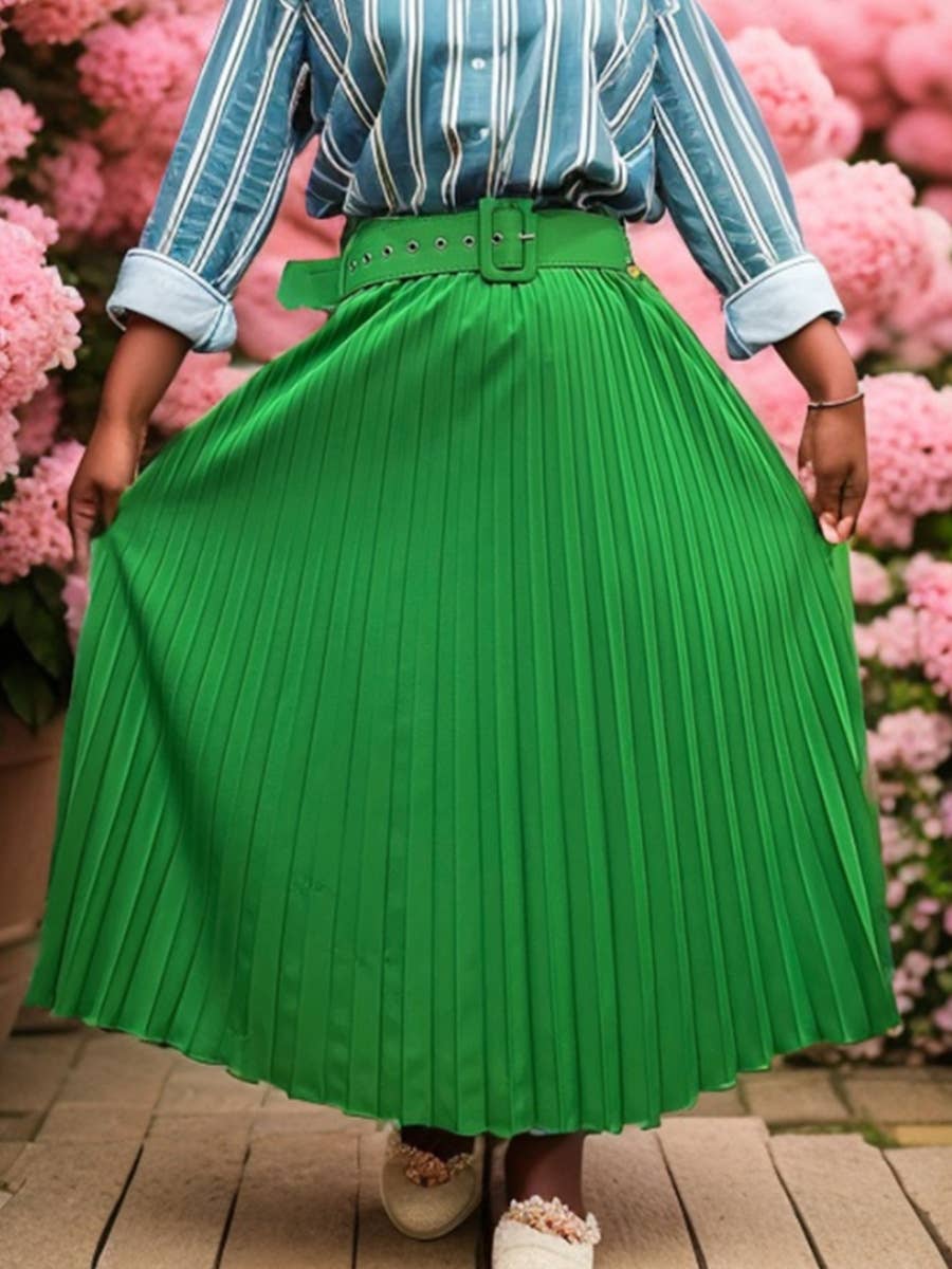 Solid-Color Fashionable Belt Pleated Skirt