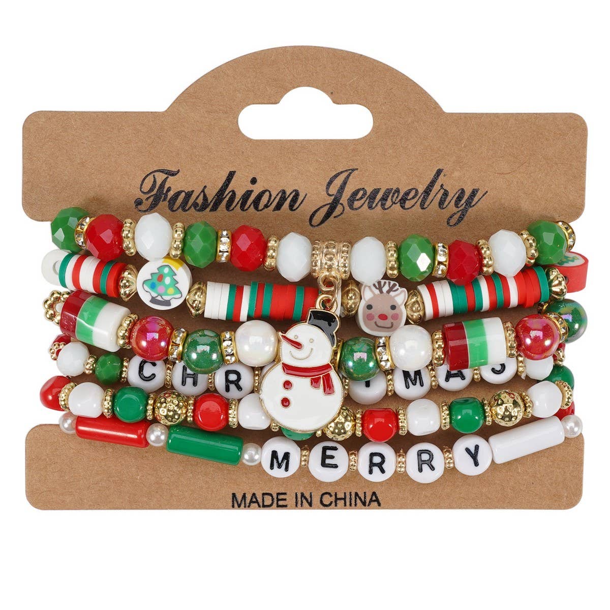 Cwmm10448_Christmas Charm Beaded Bracelet Snowman Tree Gift