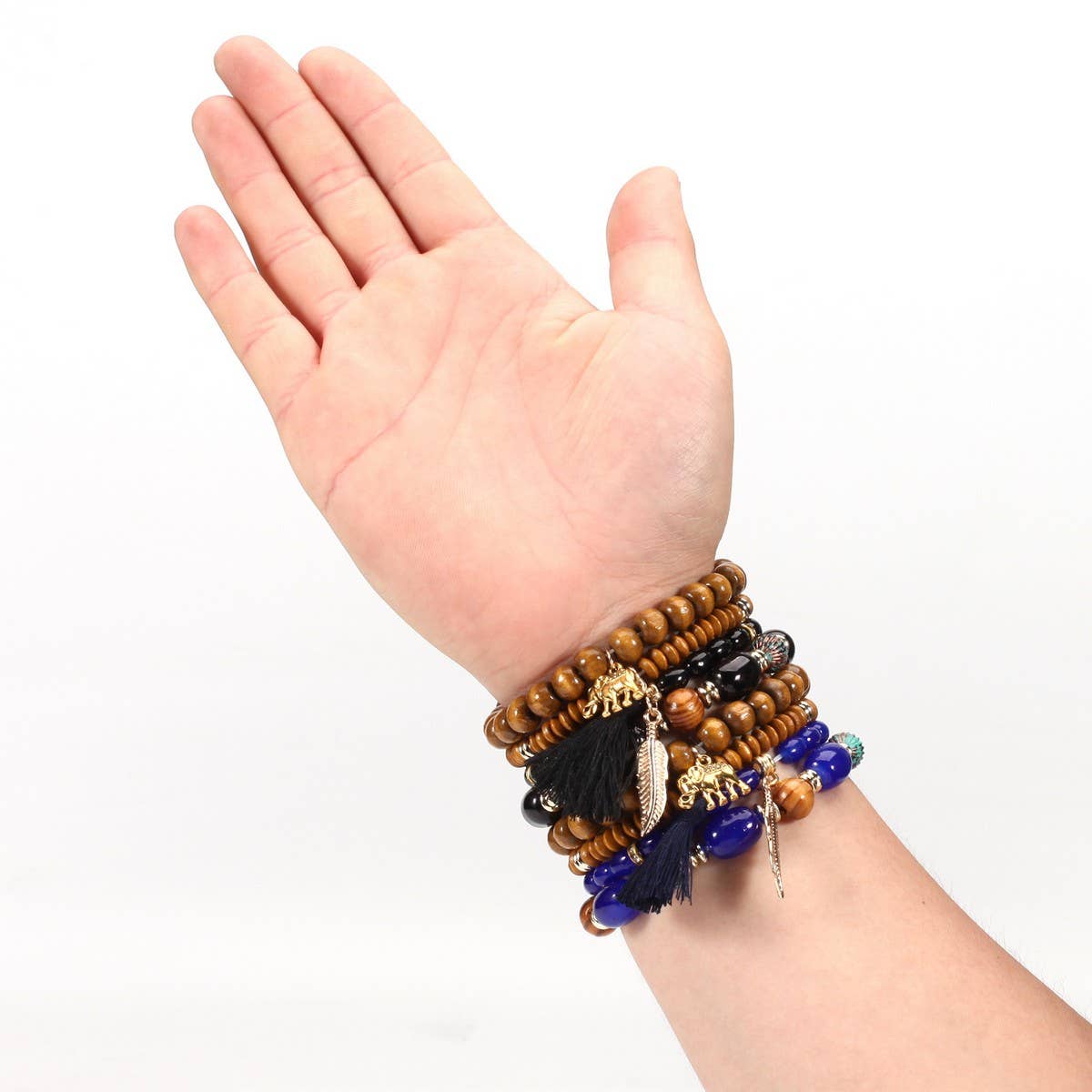 Cwaje05686_Boho Elephant Leaf Tassel Wooden Beaded Bracelet