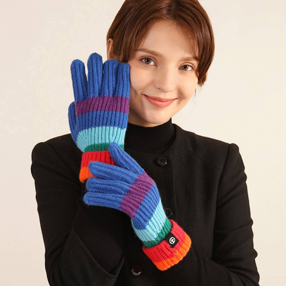 Winter Rainbow Striped Knitted Fingerless Gloves_Cwag0397