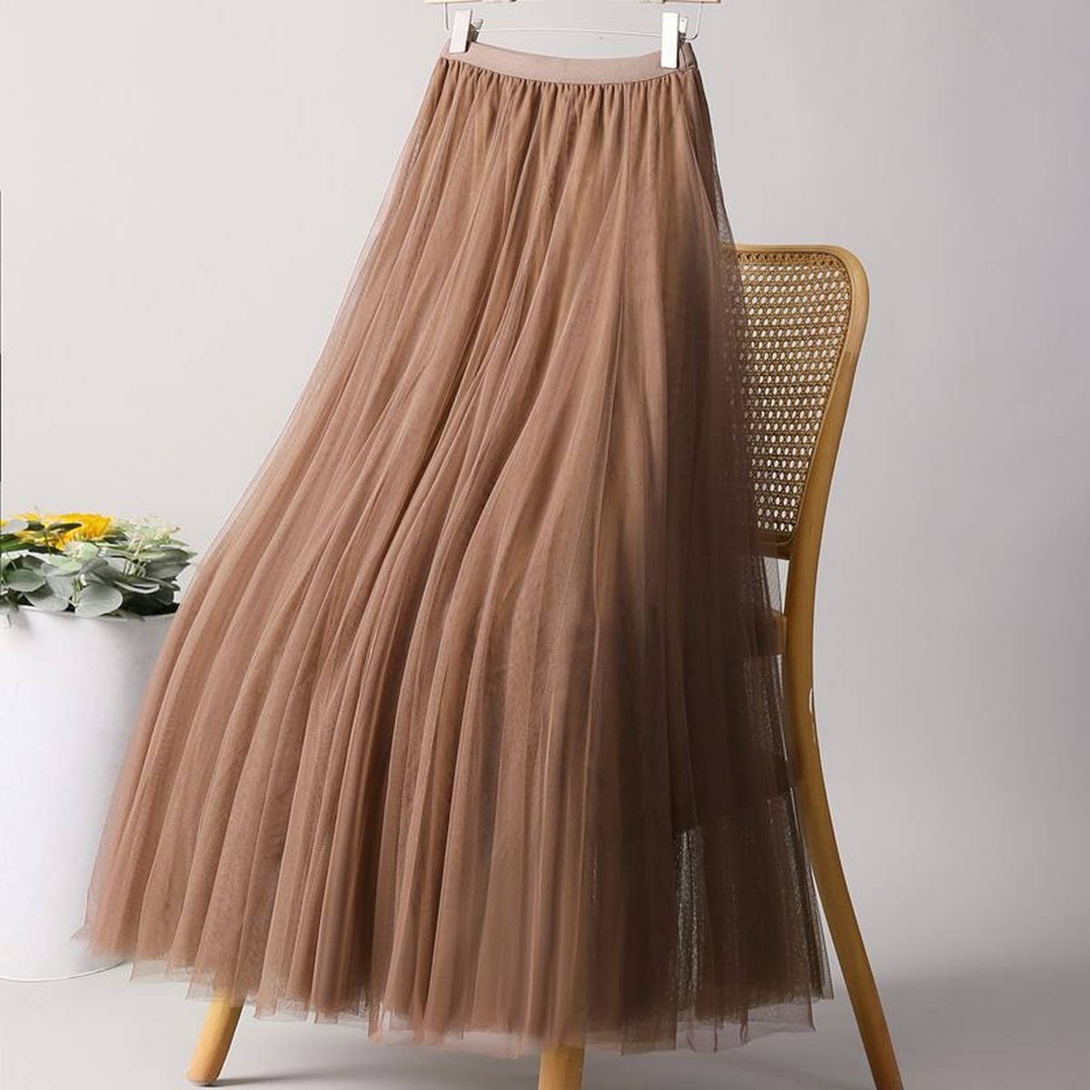 SOLID COLOR ELASTIC WAIST MESH TULLE A LINE SKIRT_CWBLS0372