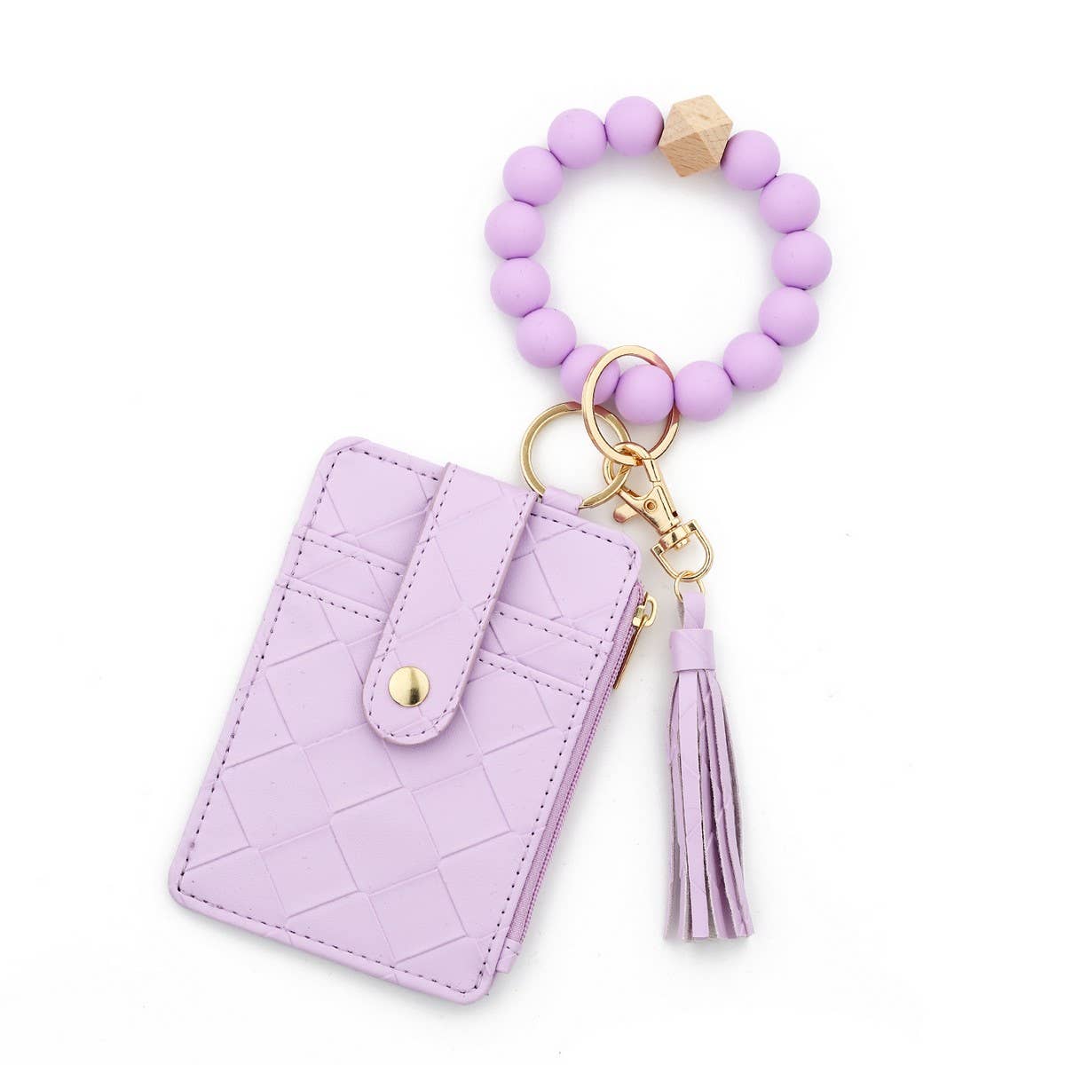 CHECKERED PU CARD WALLETWITH BEAD BRACELET KEYCHAIN_CWAB4958