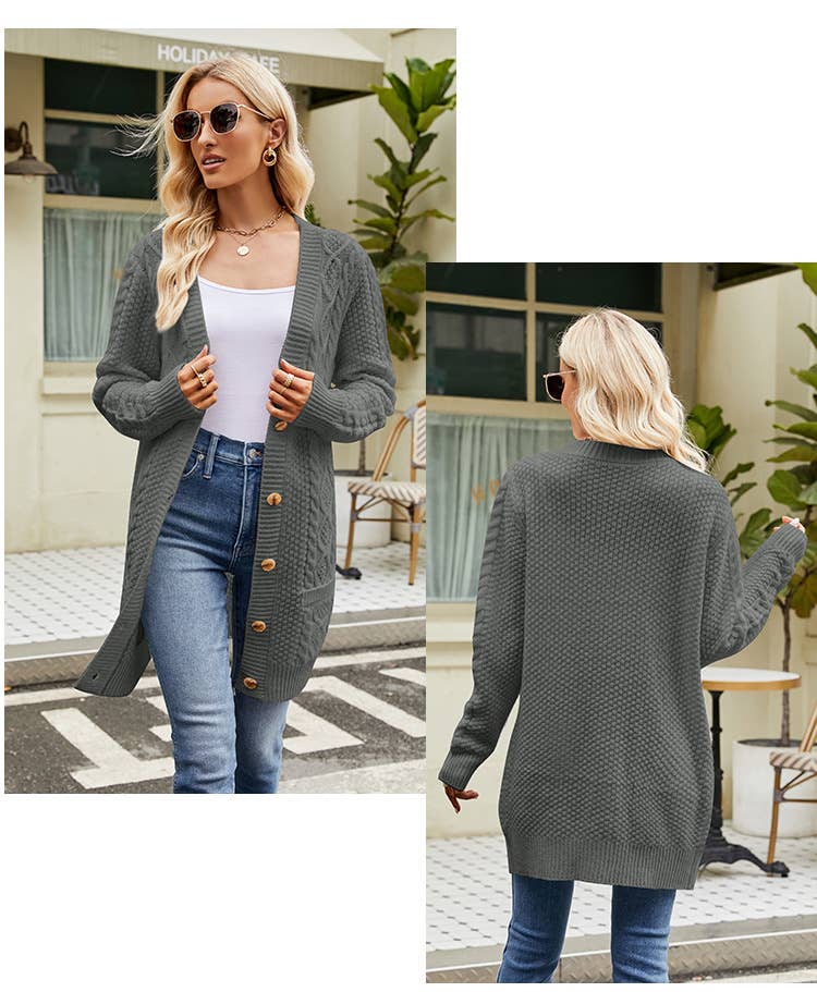 Twisted Floral Solid Color V-Neck Knit Cardigan