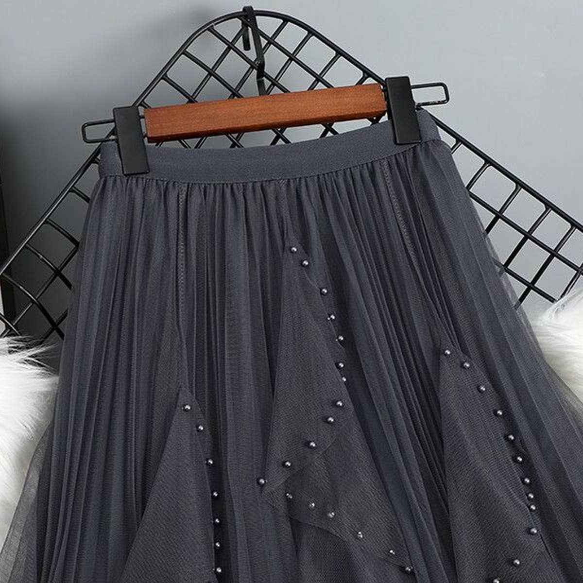 BEADED MESH PLEATED SKIRT A LINE TULLE SKIRT_CWBLS0398