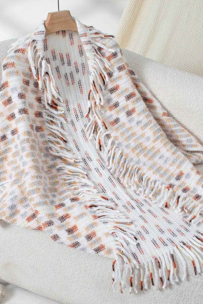 Cwocas0049_Colorful Plaid Knitted Fringed Cape Shawl