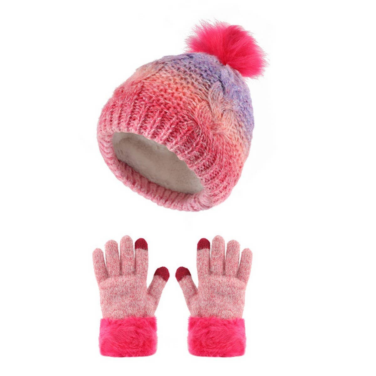 CHILDRENS FUR BALL HAT AND GLOVES TWO PIECE SET_CWMM2813