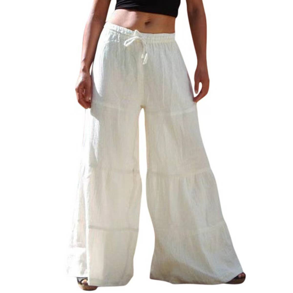 Solid Color Elastic-Waisted Wide-Leg Pants