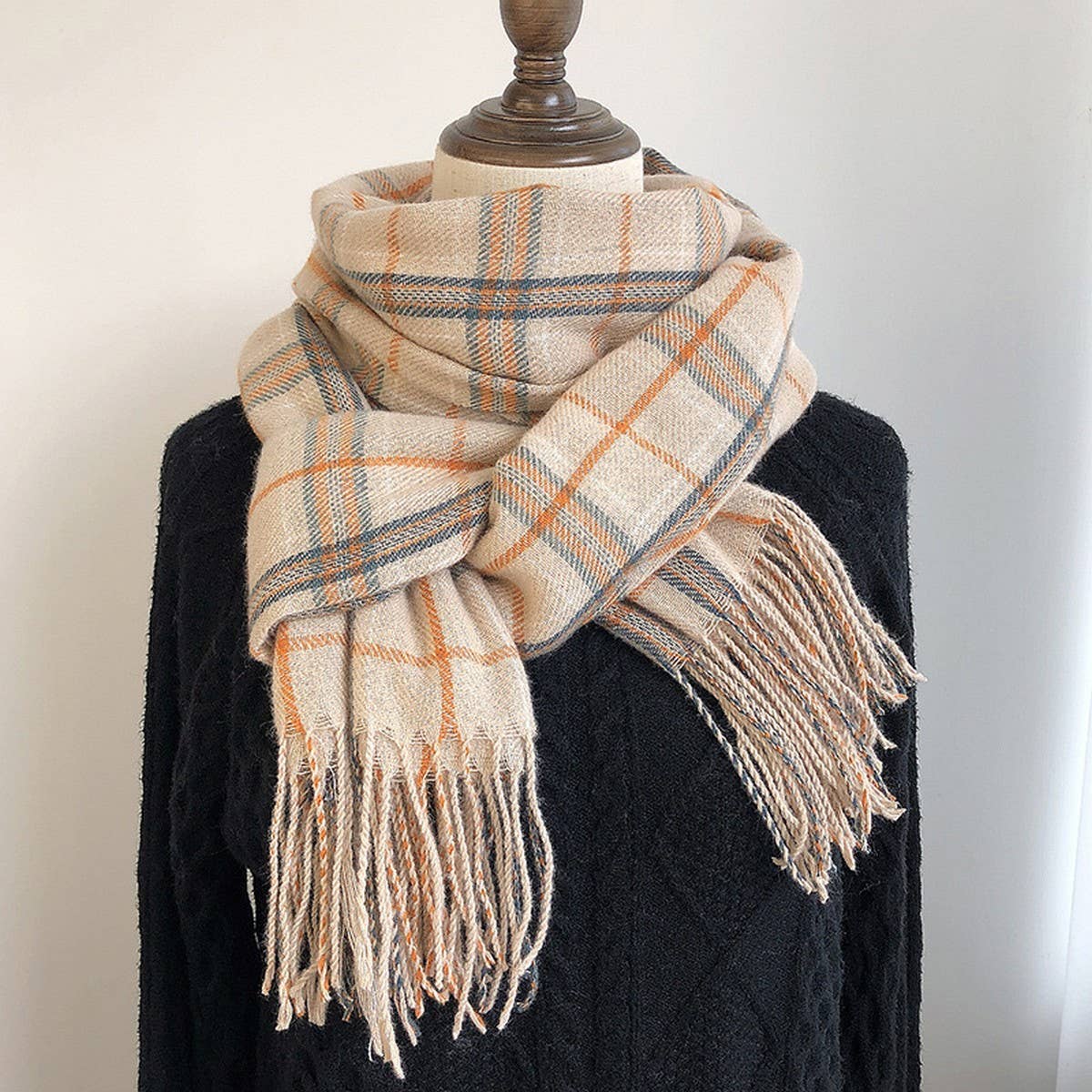 PLAID FAUX CASHMERE SCARF COZY FRINGE WINTER WRAP_CWASC1459