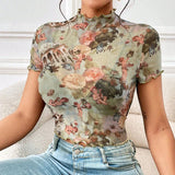 FLORAL PRINT MESH TOP WITH RUFFLE DETAILING_CWTBLS1510