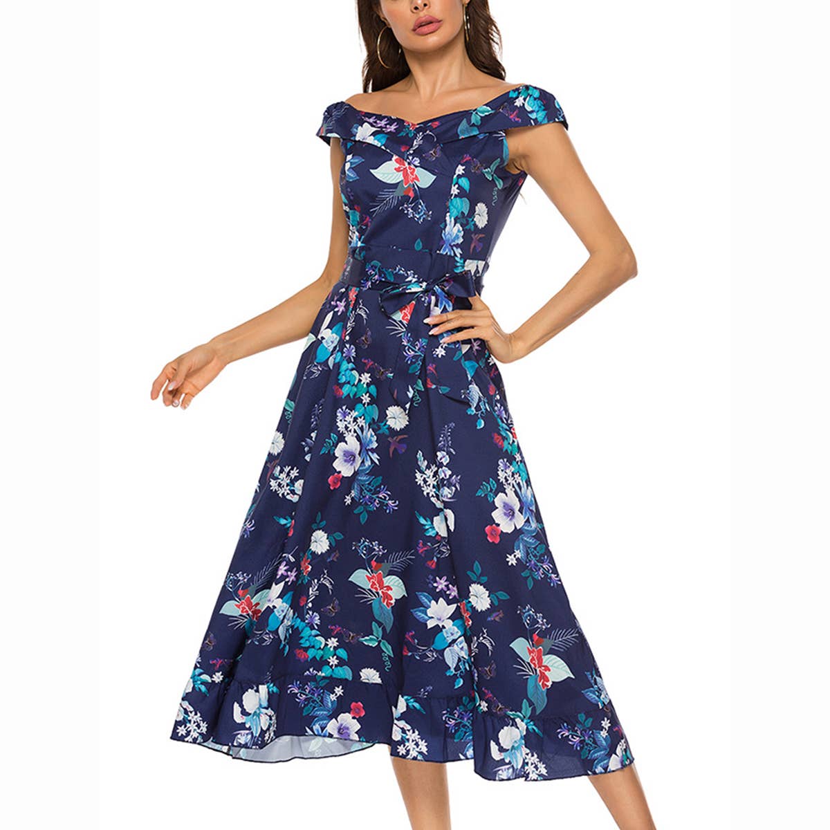 Tied Waist Printed Long Sexy Short-Sleeved Dress