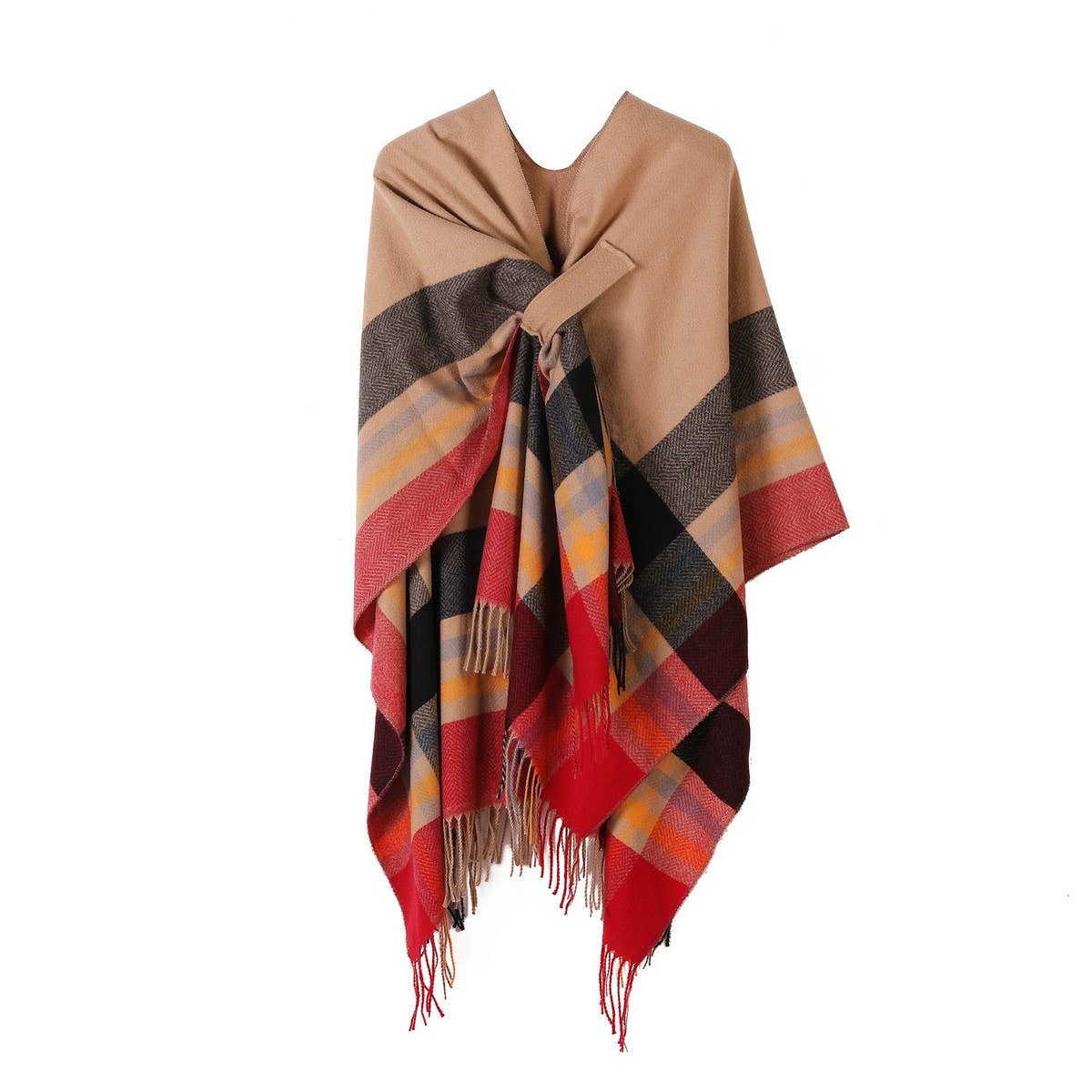 KNITTED FRINGED SHAWL DOUBLE SIDED PLAID SCARF_CWASC2178