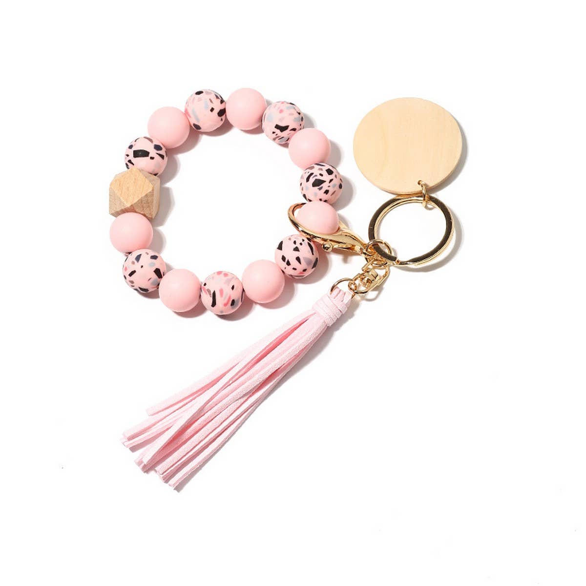 SILICONE BEAD BRACELET KEYCHAIN WITH BEECH WOOD_CWMM6873