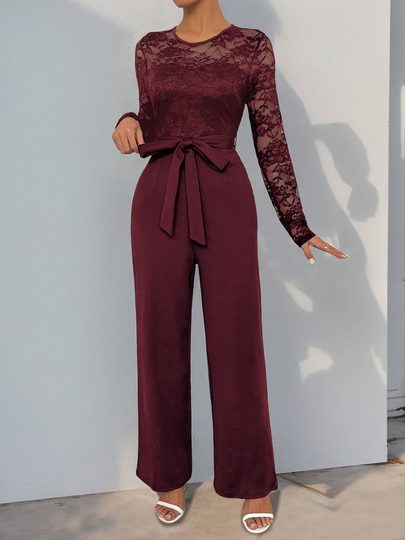 Solid Color Jumpsuit Lace Patchwork Zipper
