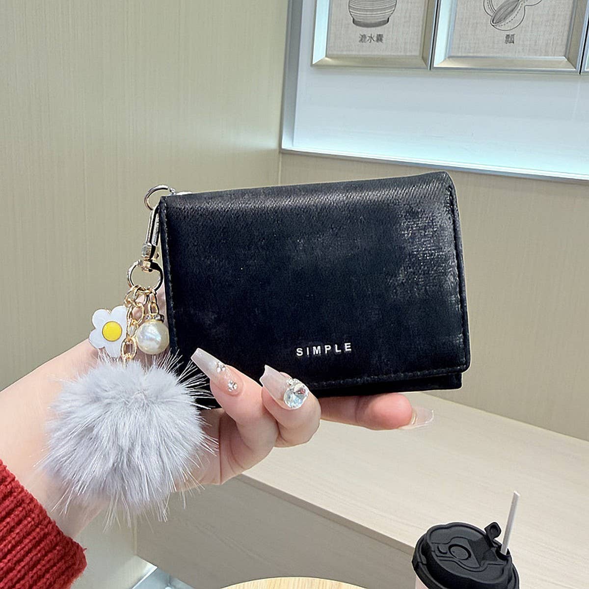Velvet Mini Trifold Wallet With Pom Pom Charm_Cwab06225