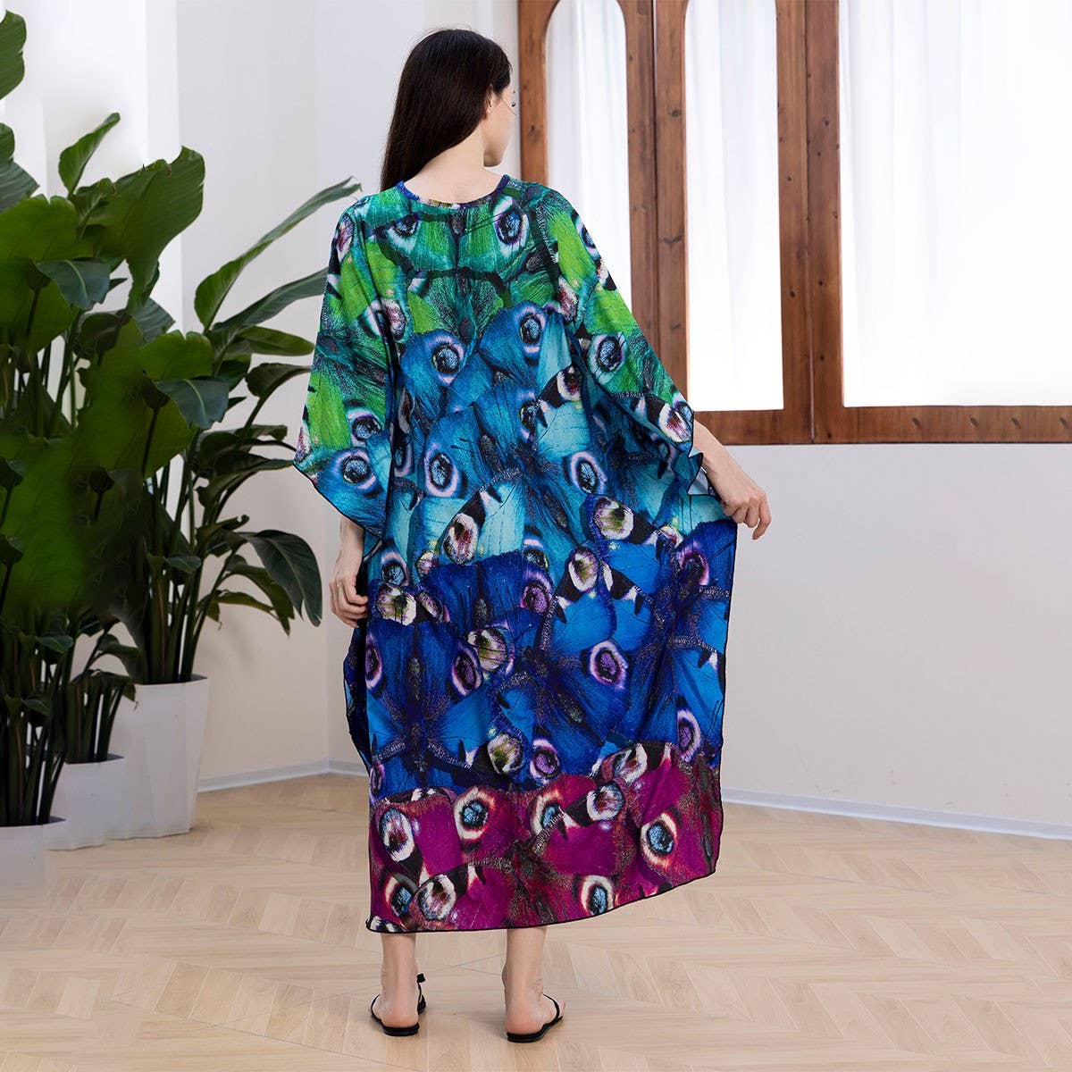 PEACOCK PRINT BEACH COVER UP MAXI KAFTAN_CWMM6204