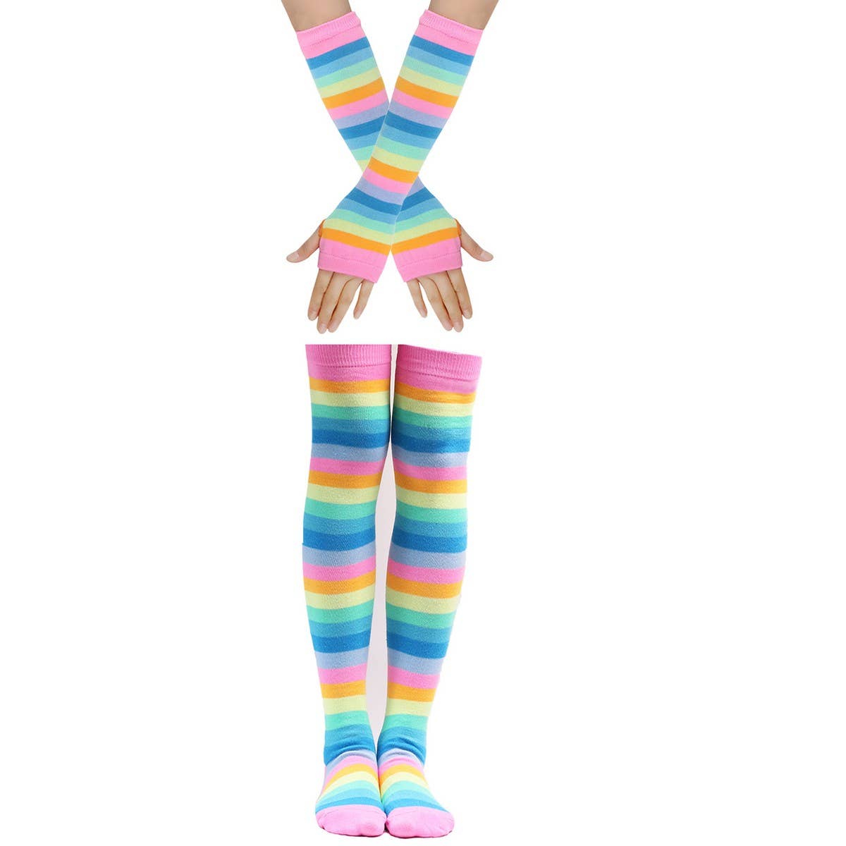 COLORFUL STRIPED KNEE SOCKS AND GLOVES SET_CWMS0309
